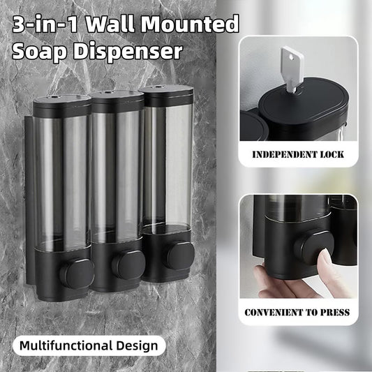 3 Head Wall Mounted Soap Dispenser in Black with Lock