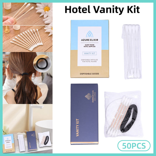 50 Pack Hotel Vanity Kits Cotton Swabs Pad Hair Band