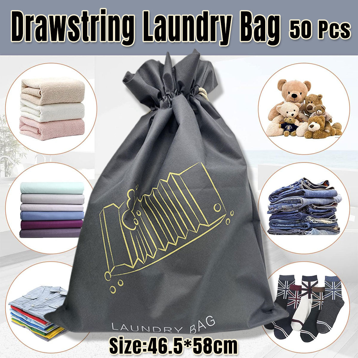 50 PCS Drawstring Laundry Bags Large Non Woven for Travel Hotels