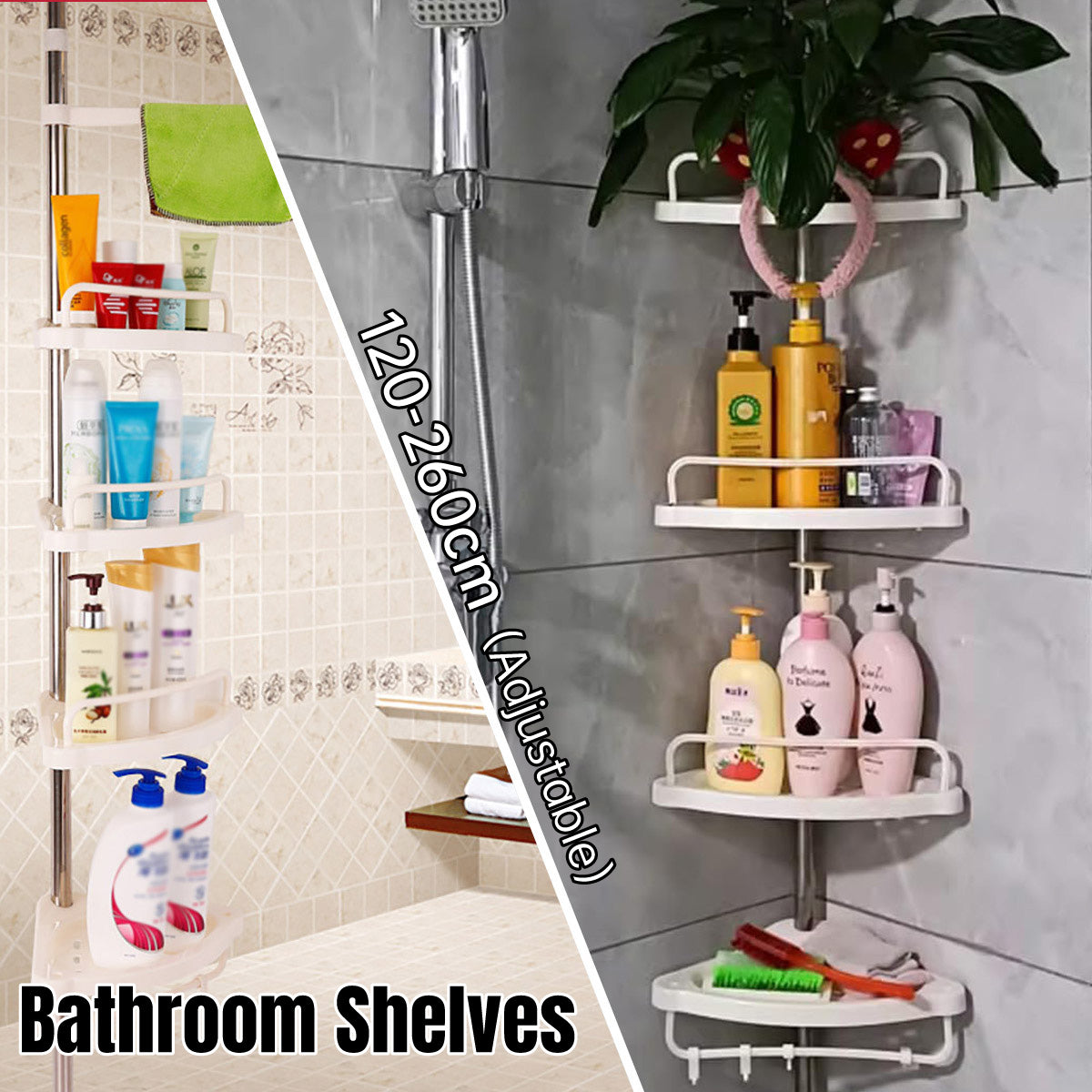4 Shelves Retractable Bathroom Storage Shelf with Tension Rod