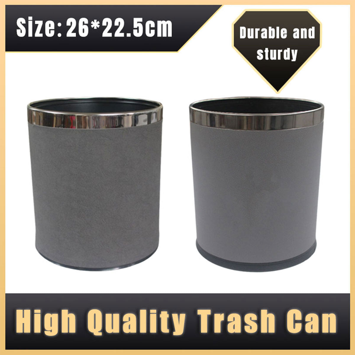 Hotel Leather Trash Bin with Metal Lining 10L Grey for Rooms