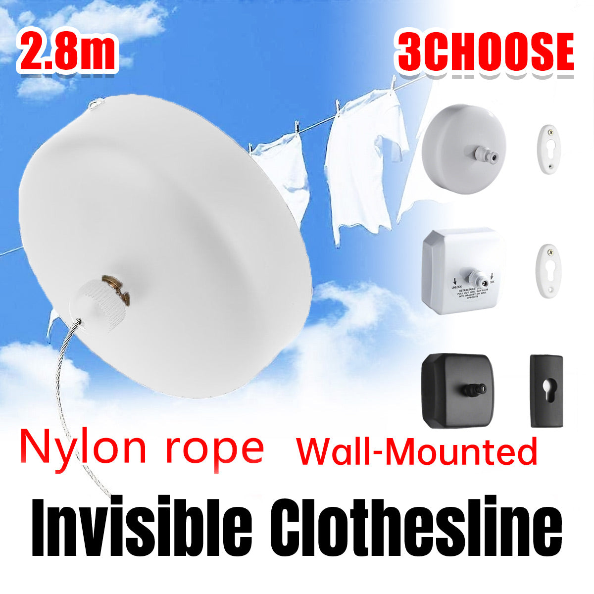 2.8m Stainless Retractable Clothesline Wall Mounted
