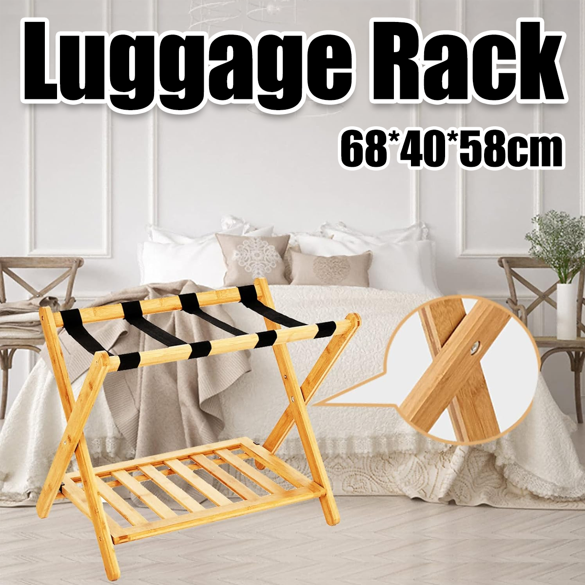 Foldable Bamboo Luggage Rack with Straps for Guest Rooms