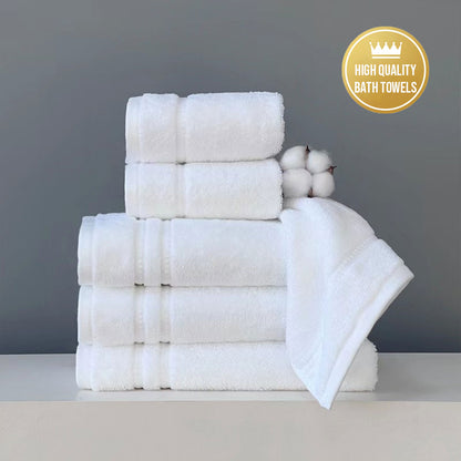 6 Pcs White Cotton Bath Towels Jacquard for Guest Bathrooms