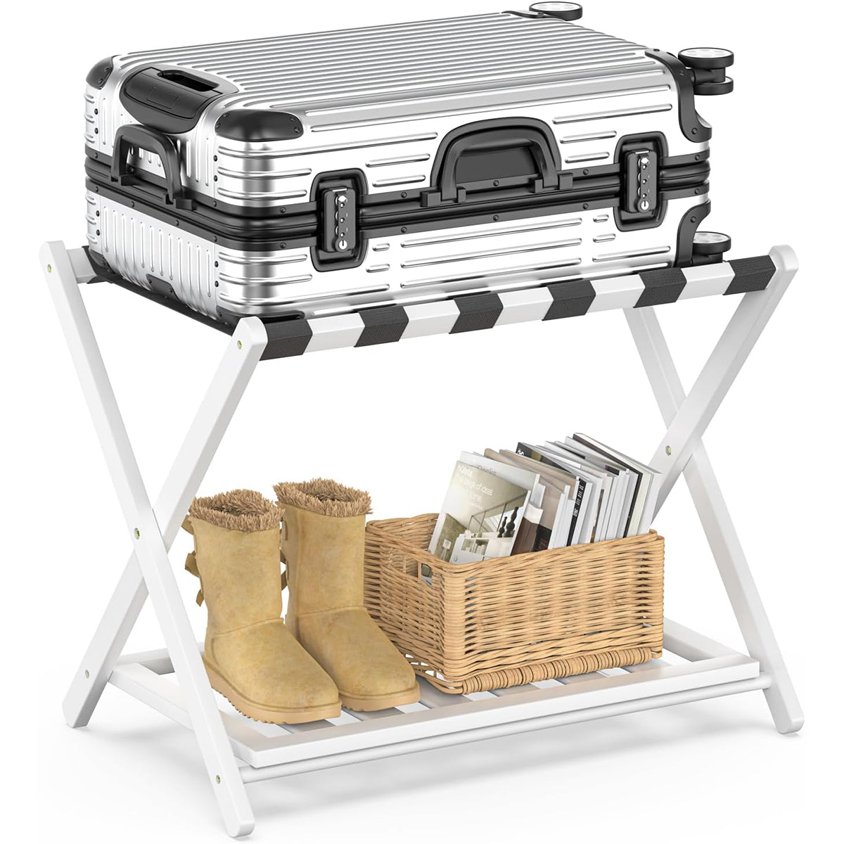 Foldable Bamboo Luggage Rack with Shelf for Hotel Guest Rooms