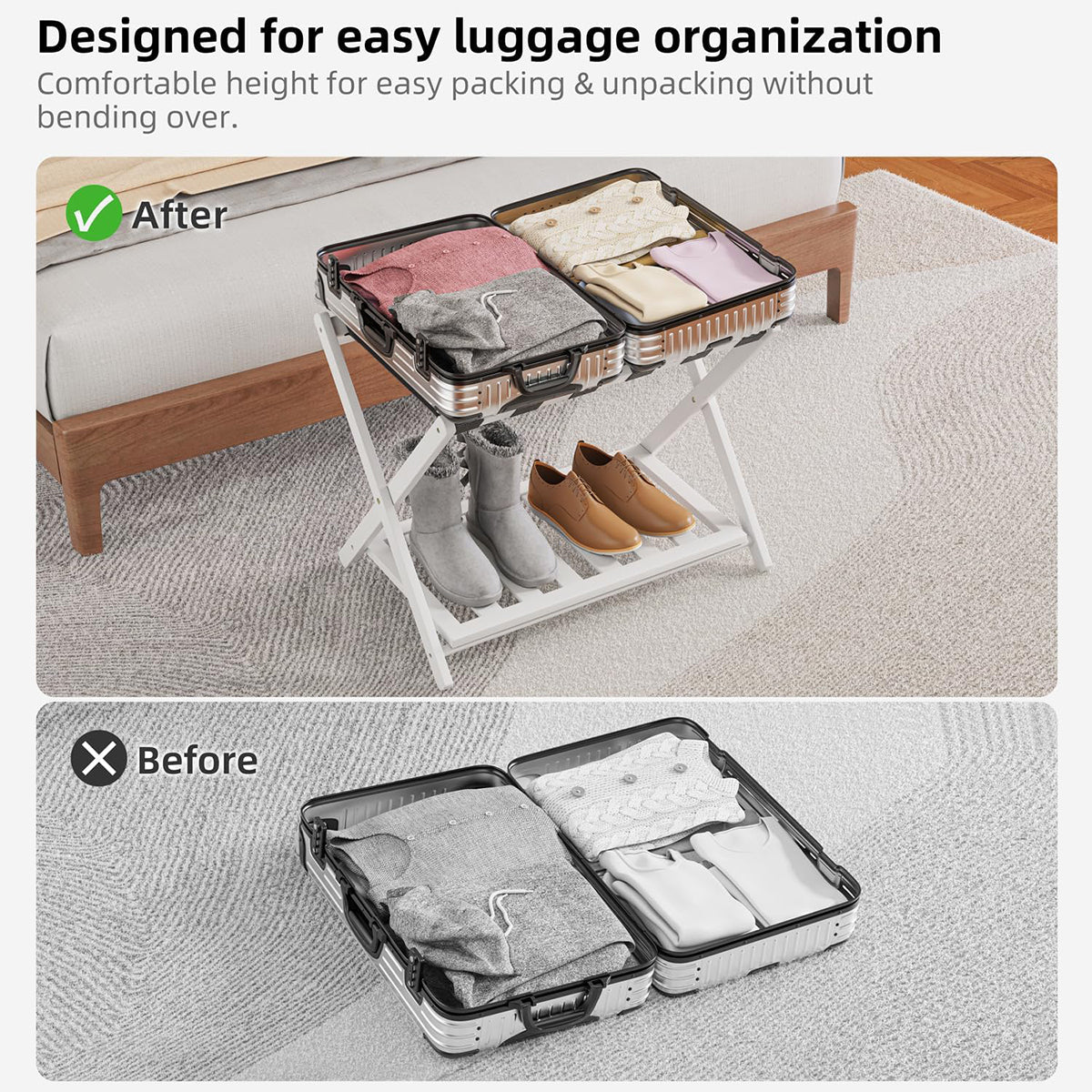 Foldable Bamboo Luggage Rack with Shelf for Hotel Guest Rooms