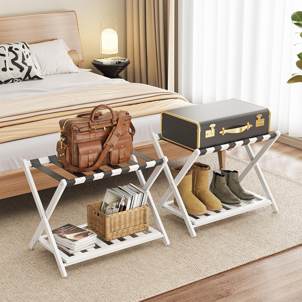 Foldable Bamboo Luggage Rack with Shelf for Hotel Guest Rooms