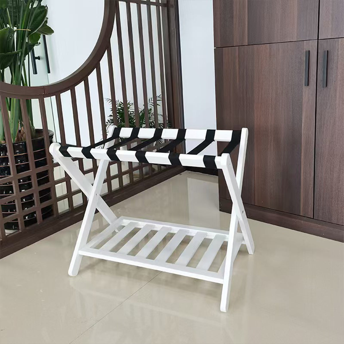 Foldable Bamboo Luggage Rack with Shelf for Hotel Guest Rooms