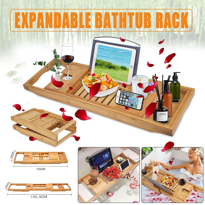 Expandable Bamboo Bath Caddy Bathtub Rack with Book and Phone Holder