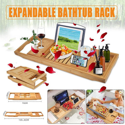Expandable Bamboo Bath Caddy Bathtub Rack with Book and Phone Holder