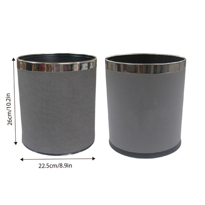 Hotel Leather Trash Bin with Metal Lining 10L Grey for Rooms