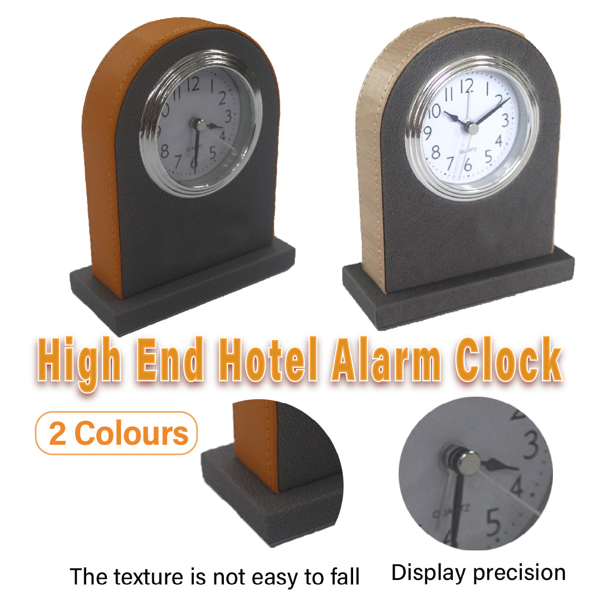 Hotel Alarm Clock Quartz with Faux Leather Clear Display Brown