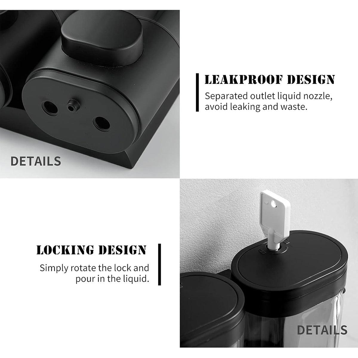 3 Head Wall Mounted Soap Dispenser in Black with Lock