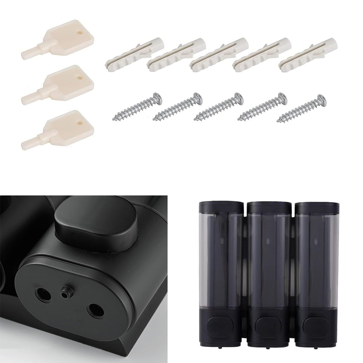 3 Head Wall Mounted Soap Dispenser in Black with Lock