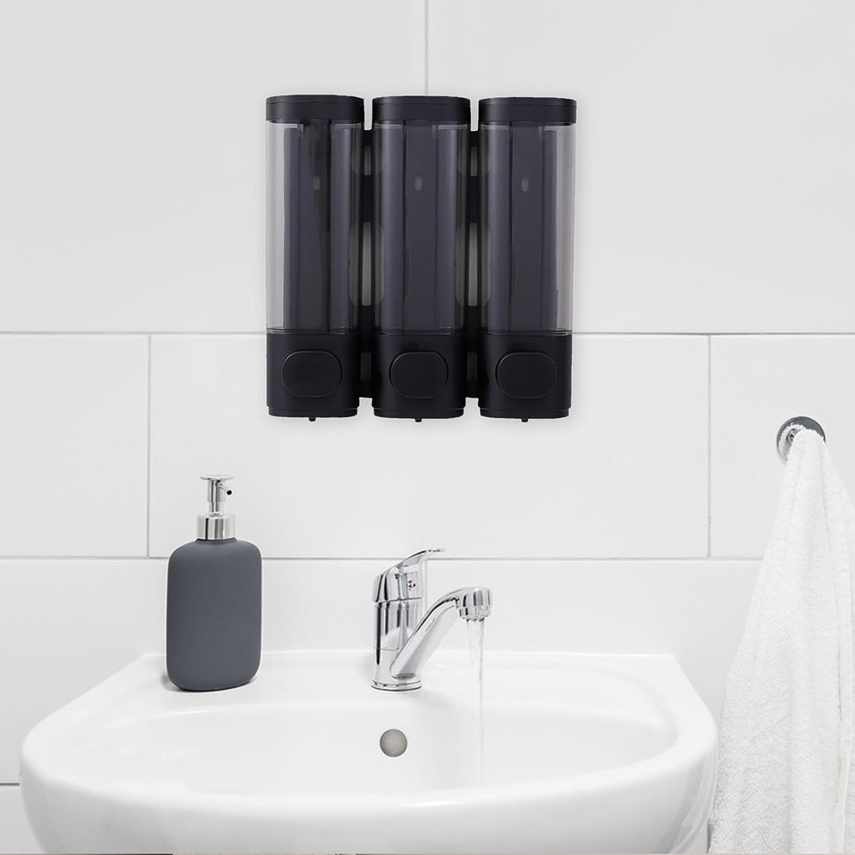 3 Head Wall Mounted Soap Dispenser in Black with Lock