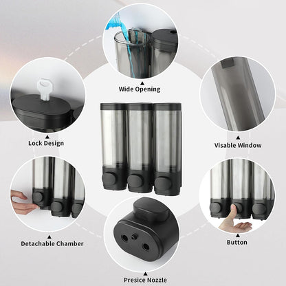 3 Head Wall Mounted Soap Dispenser in Black with Lock