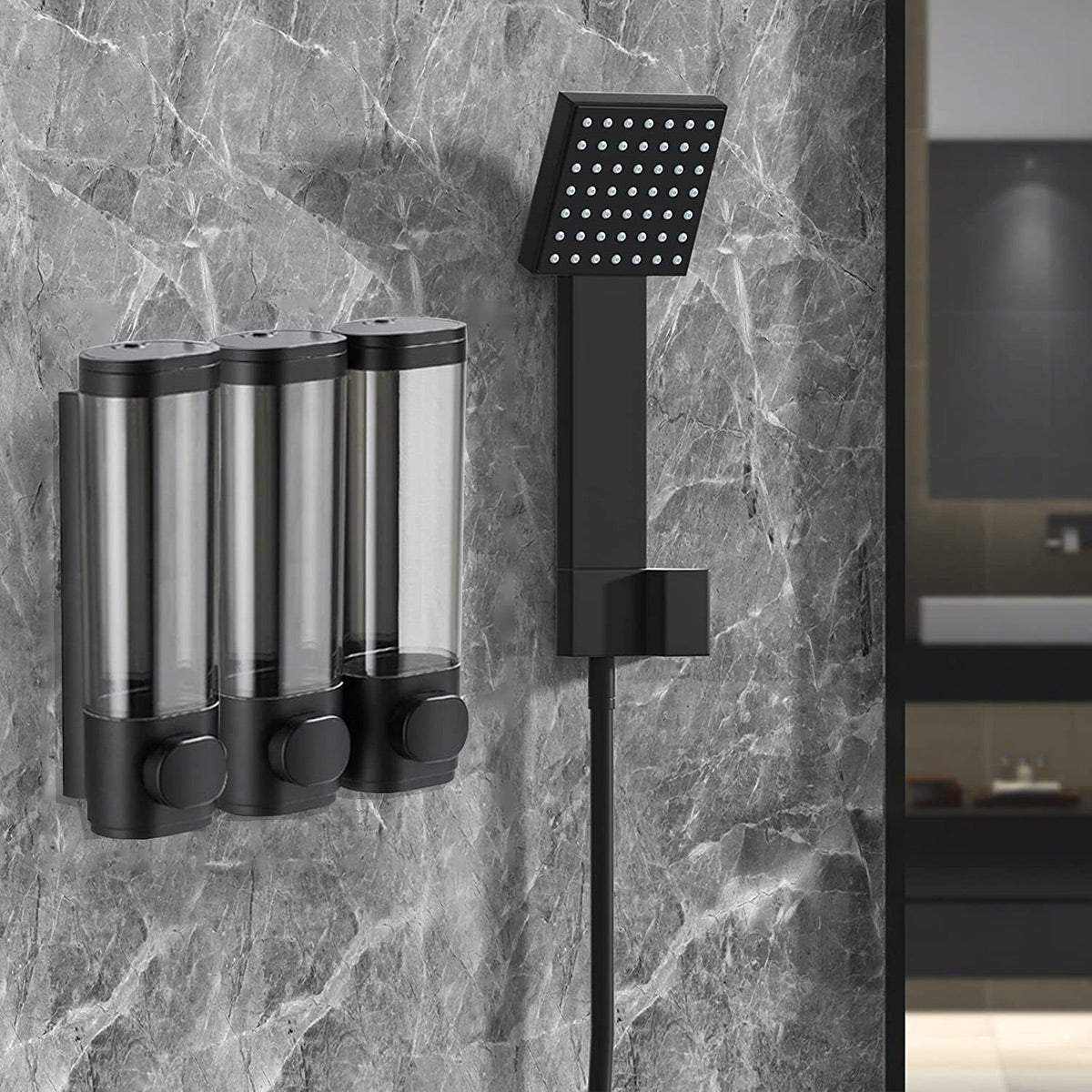 3 Head Wall Mounted Soap Dispenser in Black with Lock