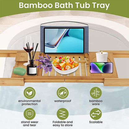Expandable Bamboo Bath Caddy Bathtub Rack with Book and Phone Holder