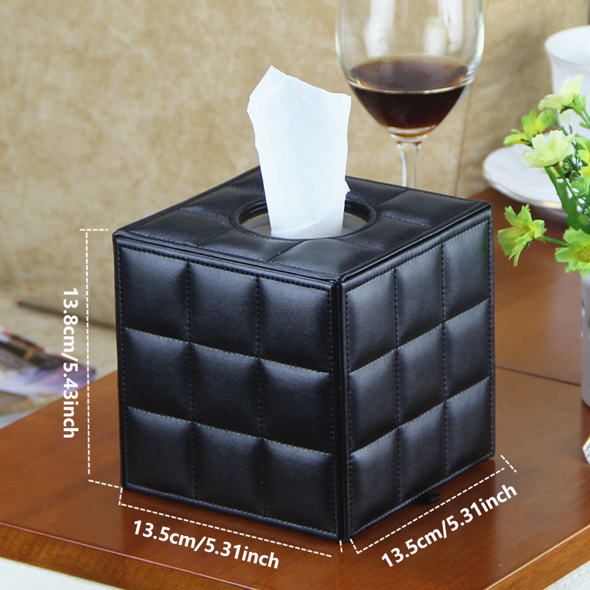 PU Leather Square Tissue Box with Quilted Design Black White