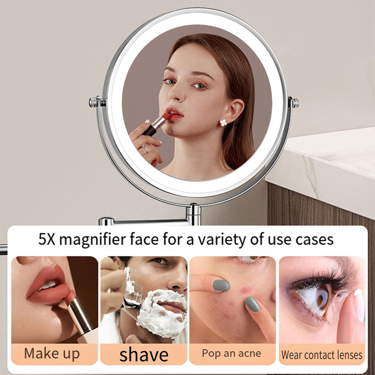 Wall Mounted Folding Makeup Mirror 5x with Light