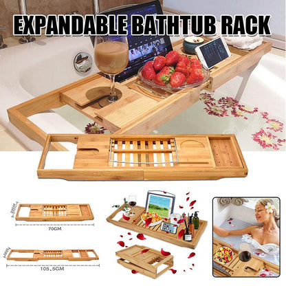 Expandable Bamboo Bath Caddy Bathtub Rack with Book and Phone Holder