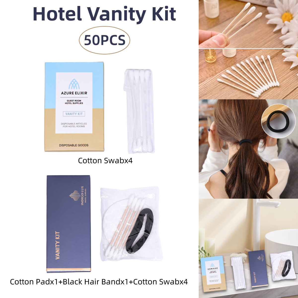 50 Pack Hotel Vanity Kits Cotton Swabs Pad Hair Band