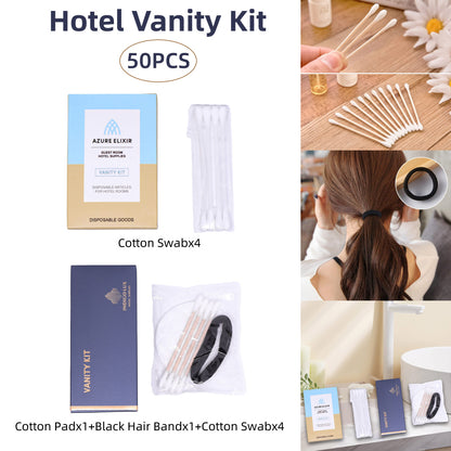 50 Pack Hotel Vanity Kits Cotton Swabs Pad Hair Band