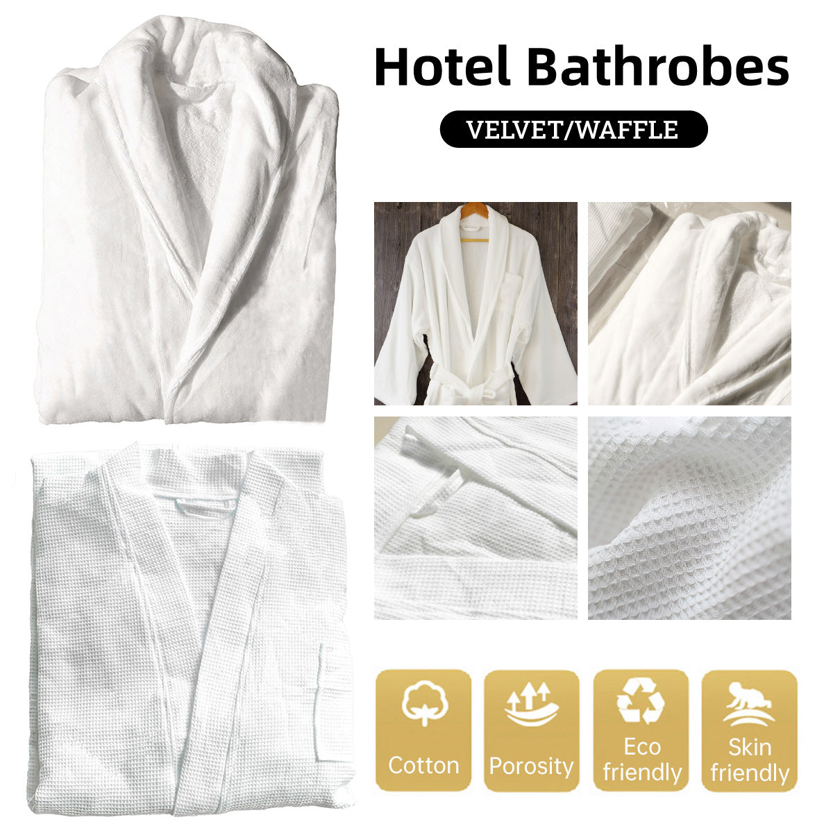 Hotel Quality Cotton Kimono Bathrobe White Embroidered Velvet Waffle