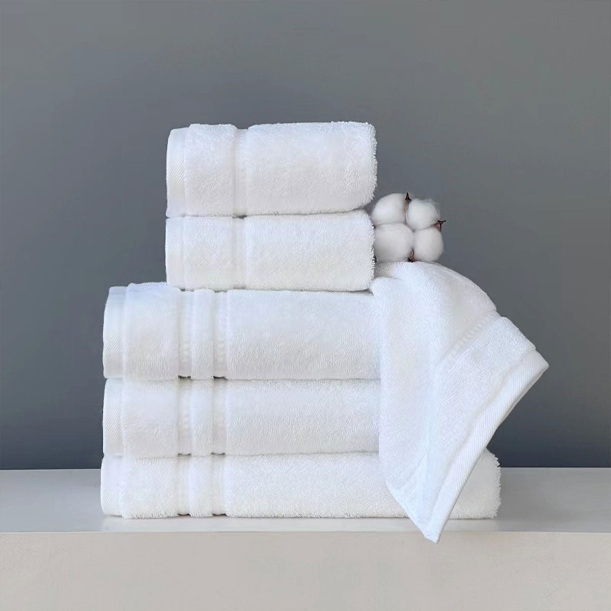 6 Pcs White Cotton Bath Towels Jacquard for Guest Bathrooms
