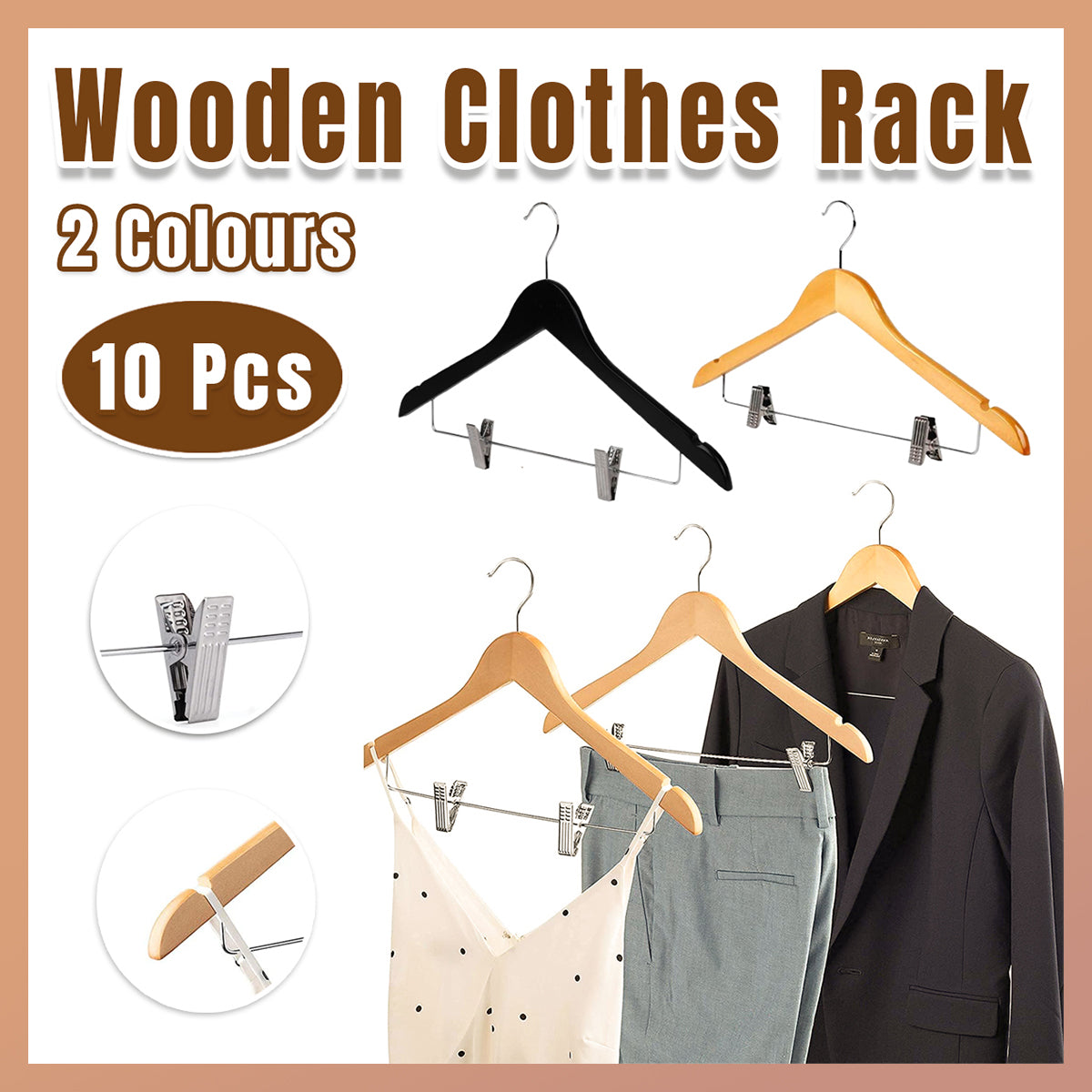 10 Pcs Wooden Non-Slip Clothes Hangers with Clip for Wardrobe