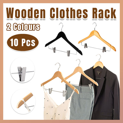 10 Pcs Wooden Non-Slip Clothes Hangers with Clip for Wardrobe