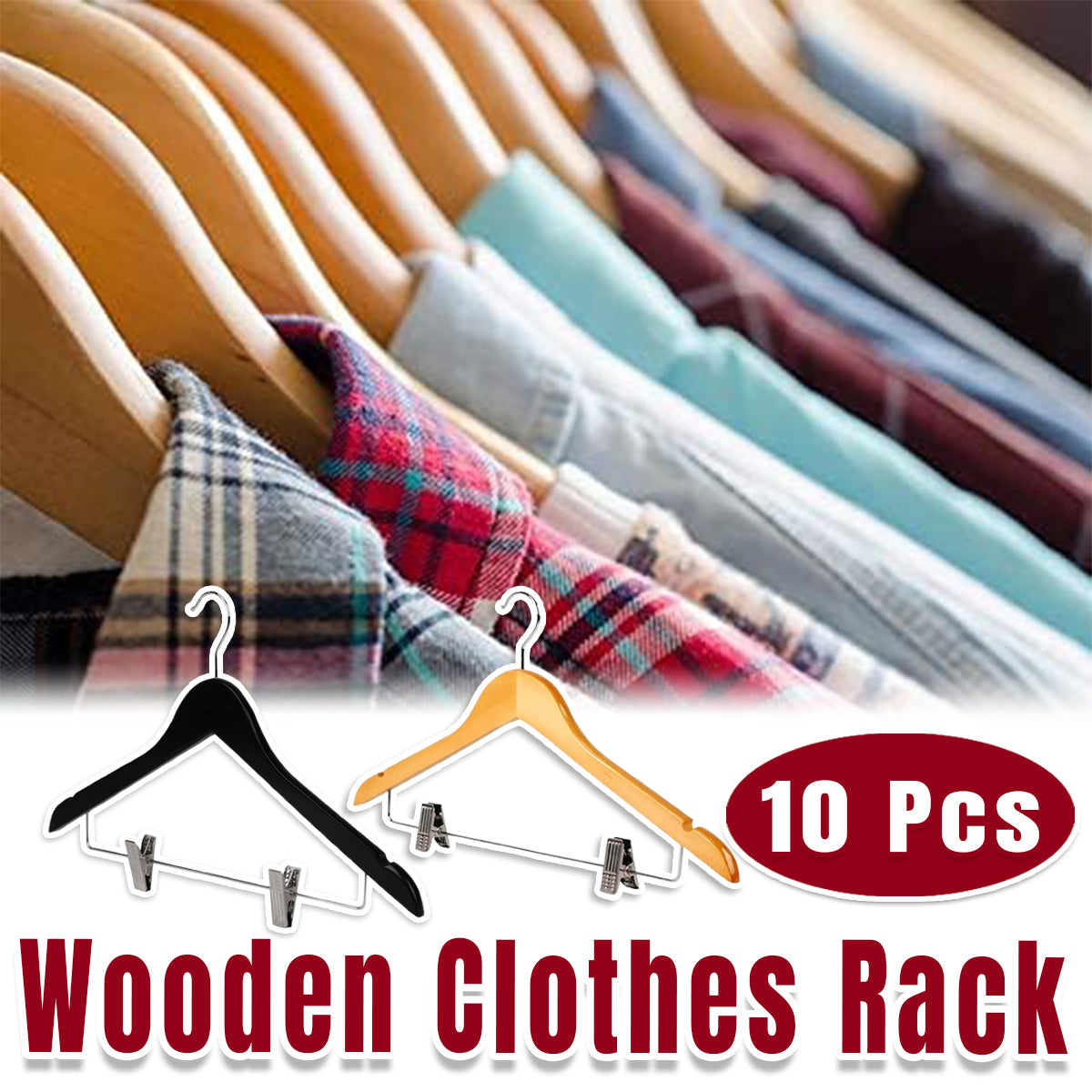 10 Pcs Wooden Non-Slip Clothes Hangers with Clip for Wardrobe