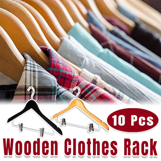 10 Pcs Wooden Non-Slip Clothes Hangers with Clip for Wardrobe