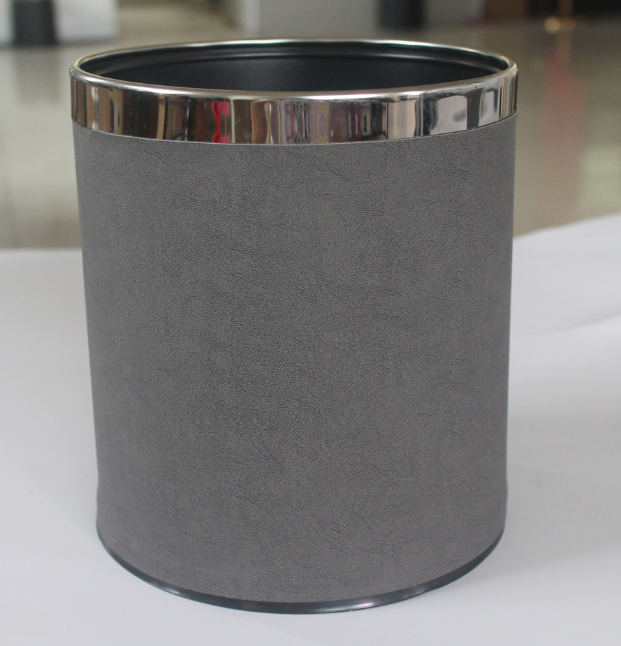 Hotel Leather Trash Bin with Metal Lining 10L Grey for Rooms