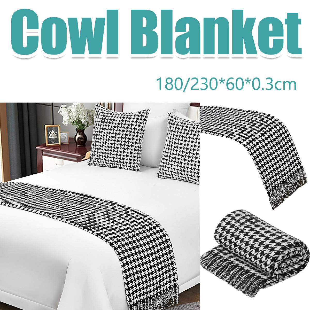 Black White Houndstooth Bed Runner for Hotel Rooms