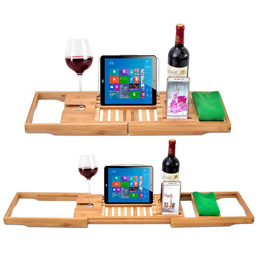Expandable Bamboo Bath Caddy Bathtub Rack with Book and Phone Holder