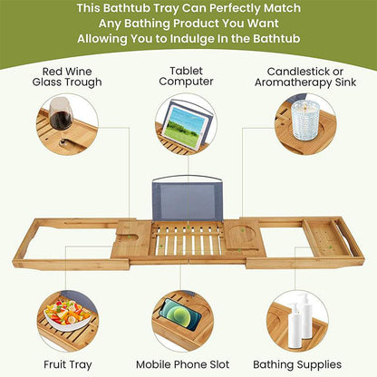 Expandable Bamboo Bath Caddy Bathtub Rack with Book and Phone Holder