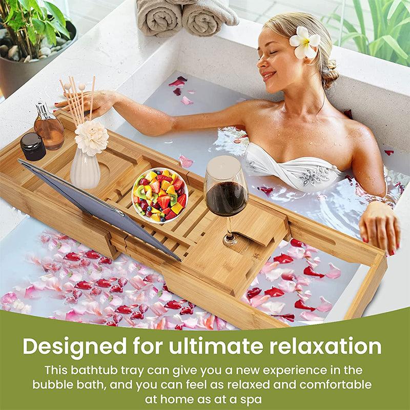 Expandable Bamboo Bath Caddy Bathtub Rack with Book and Phone Holder
