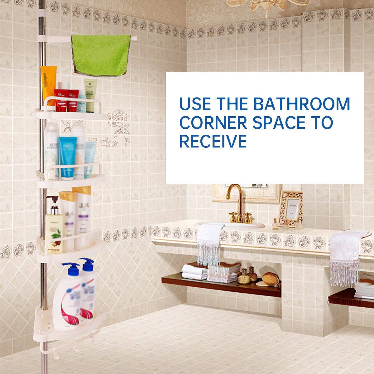 4 Shelves Retractable Bathroom Storage Shelf with Tension Rod