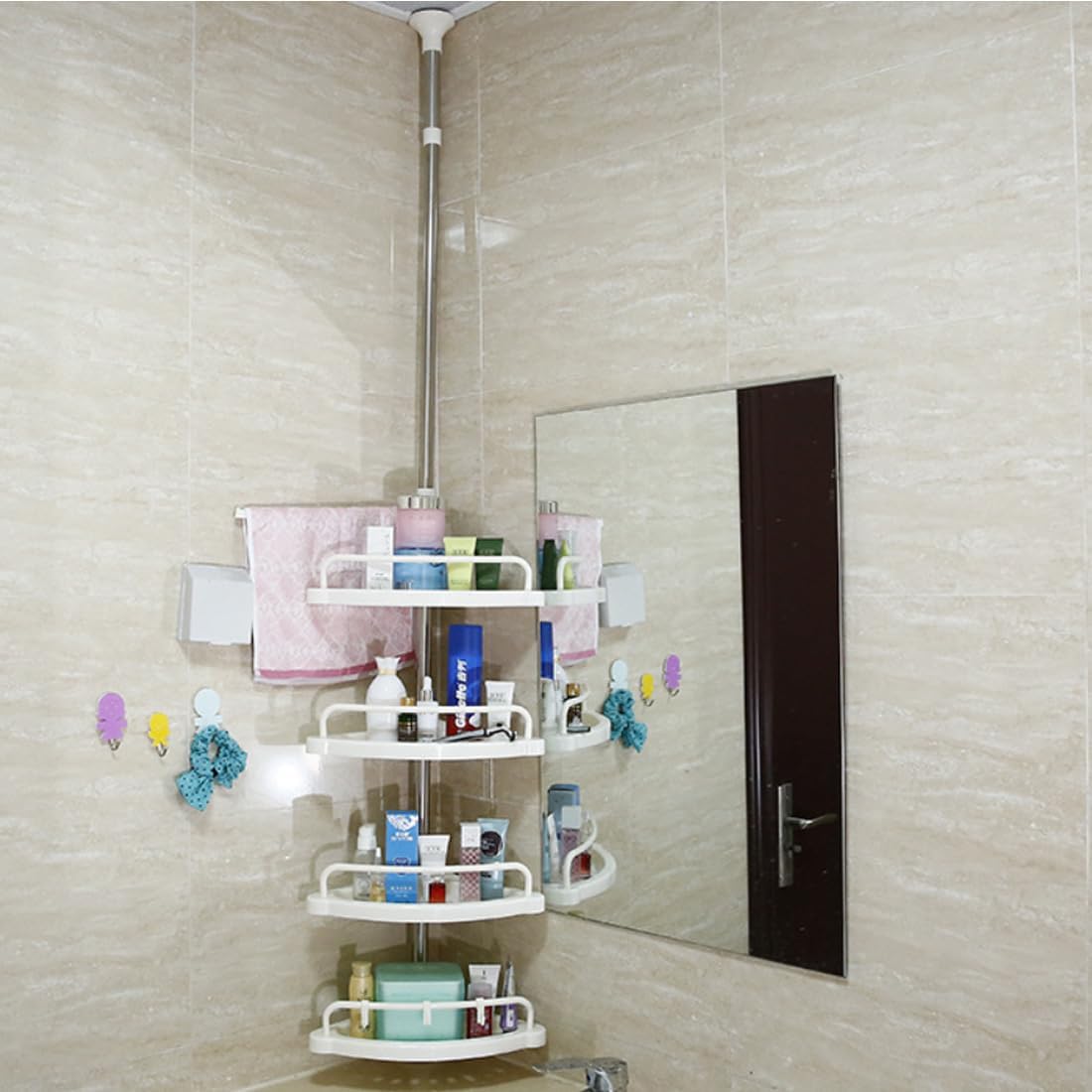4 Shelves Retractable Bathroom Storage Shelf with Tension Rod
