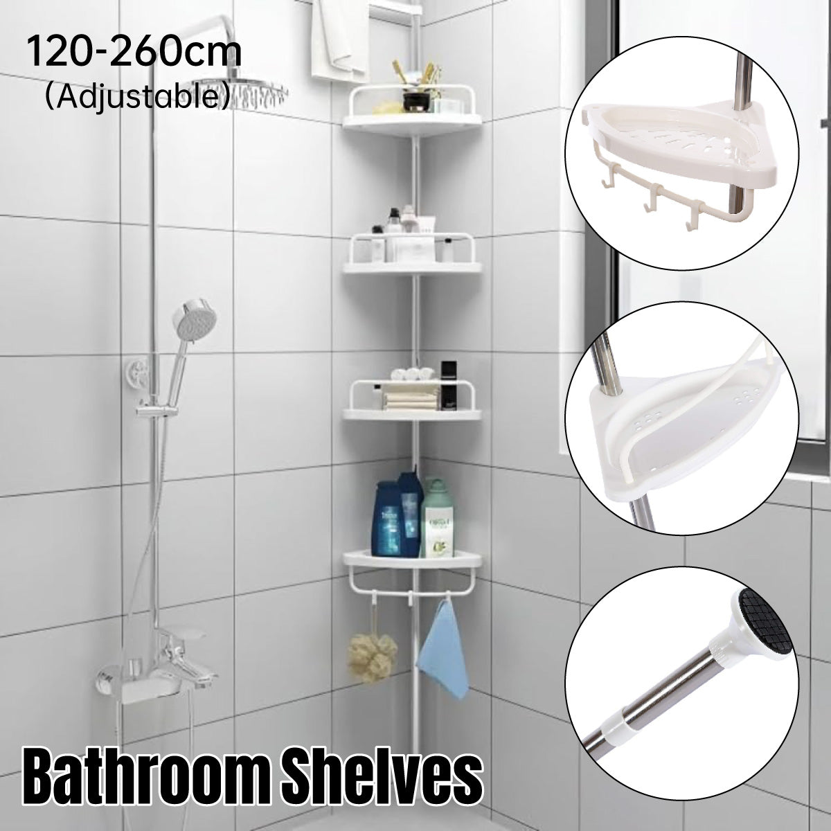 4 Shelves Retractable Bathroom Storage Shelf with Tension Rod