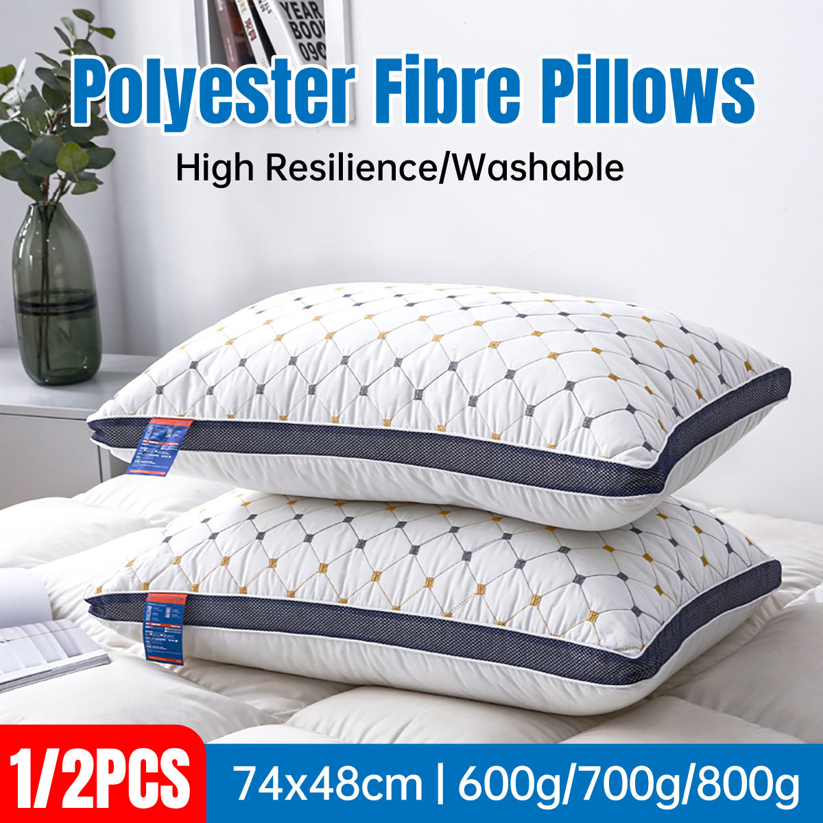 1-2PCS High Rebound Washable Hotel Polyester Bed Pillow
