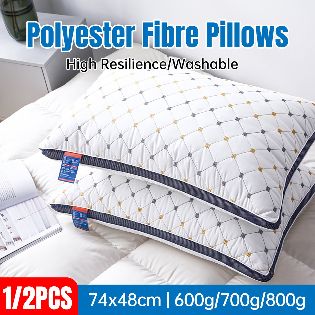 1-2PCS High Rebound Washable Hotel Polyester Bed Pillow