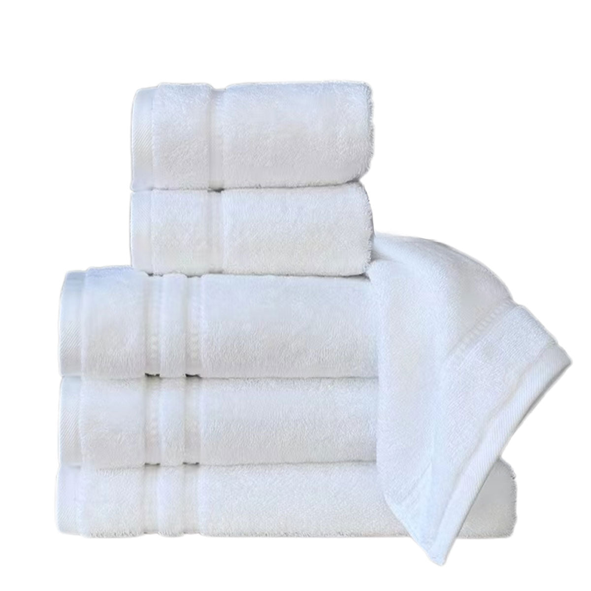 6 Pcs White Cotton Bath Towels Jacquard for Guest Bathrooms