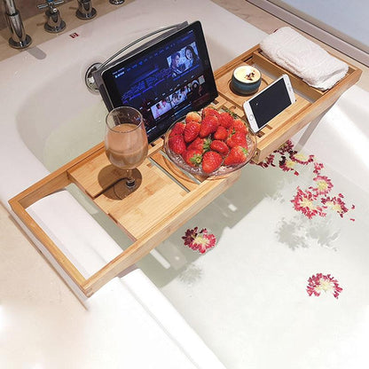 Expandable Bamboo Bath Caddy Bathtub Rack with Book and Phone Holder