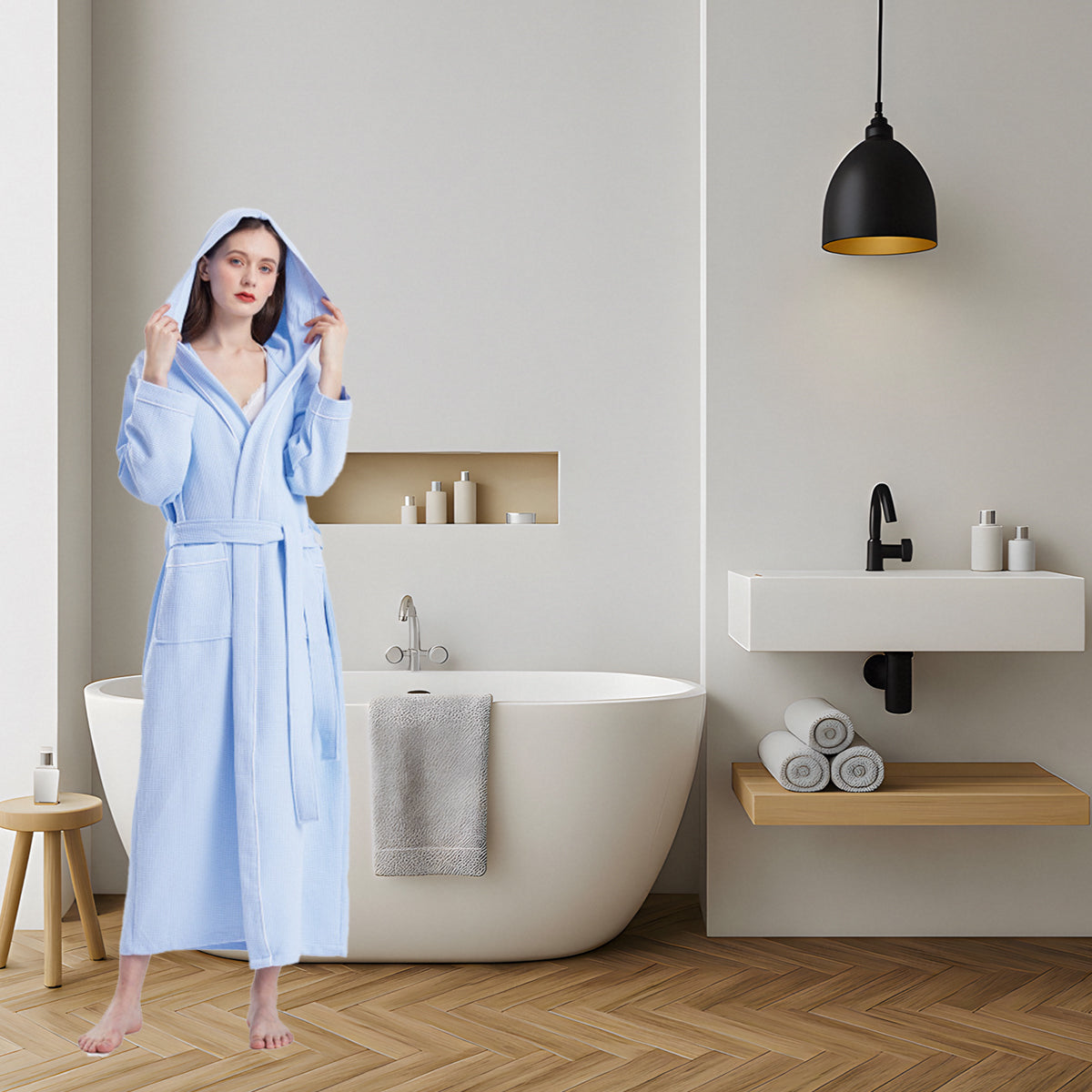 Hotel Hooded Cotton Waffle Bathrobe Long Quick Dry Unisex