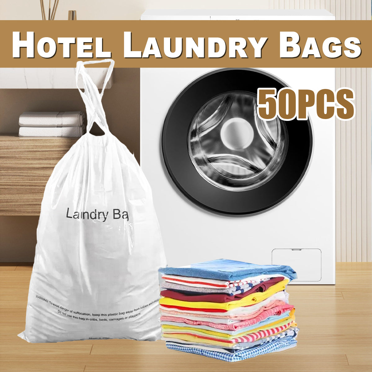 50pcs Disposable Hotel Laundry Bags with Drawstring for Travel and Home