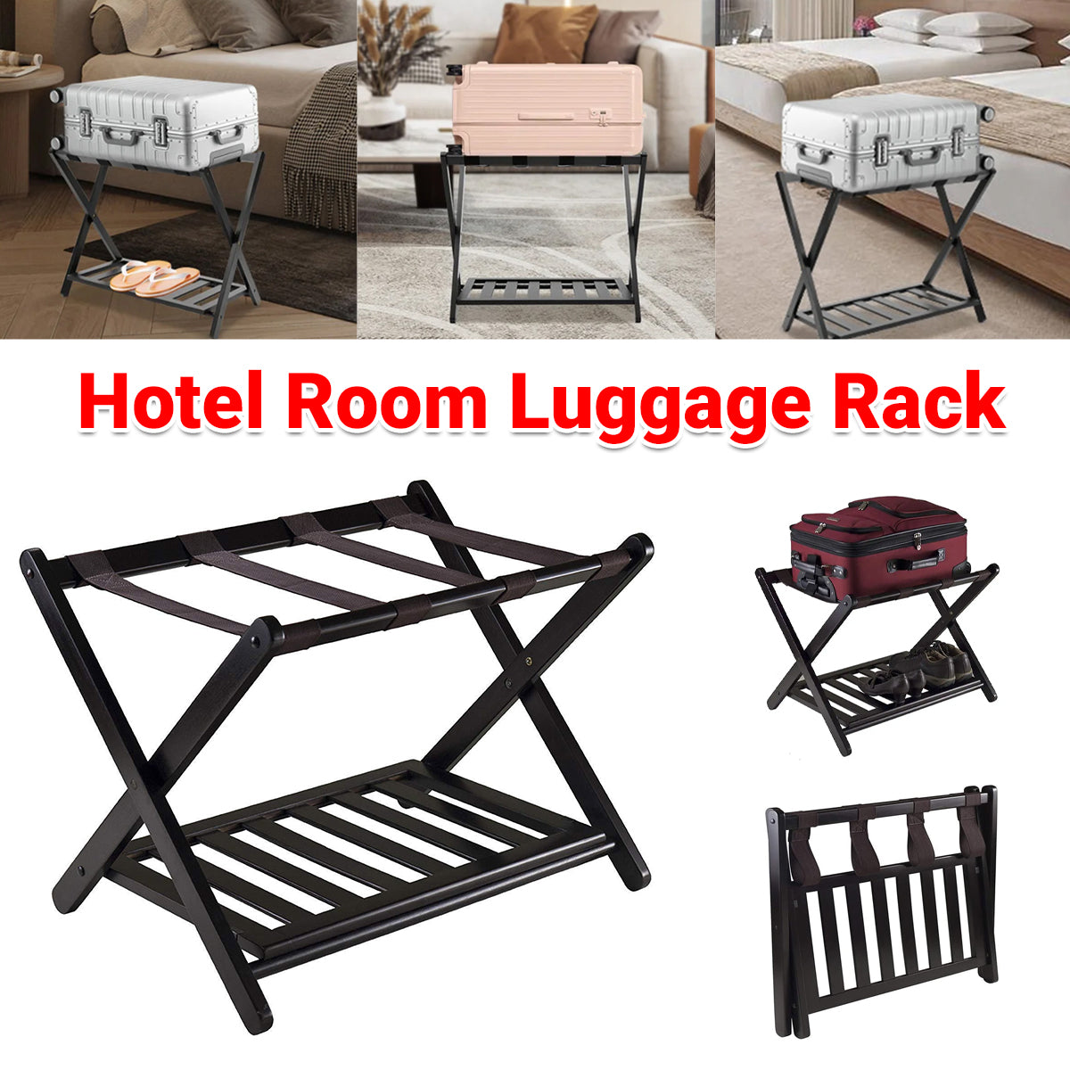 Hotel Foldable Bamboo Luggage Rack with Shoe Shelf Black
