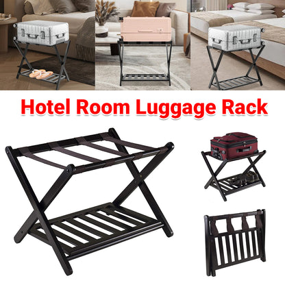 Hotel Foldable Bamboo Luggage Rack with Shoe Shelf Black