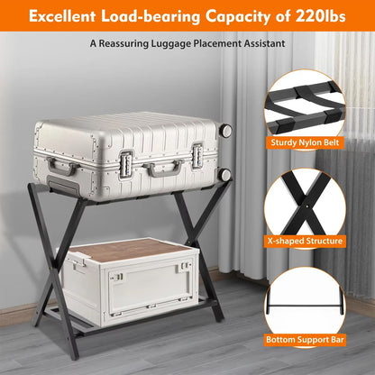 Hotel Foldable Bamboo Luggage Rack with Shoe Shelf Black